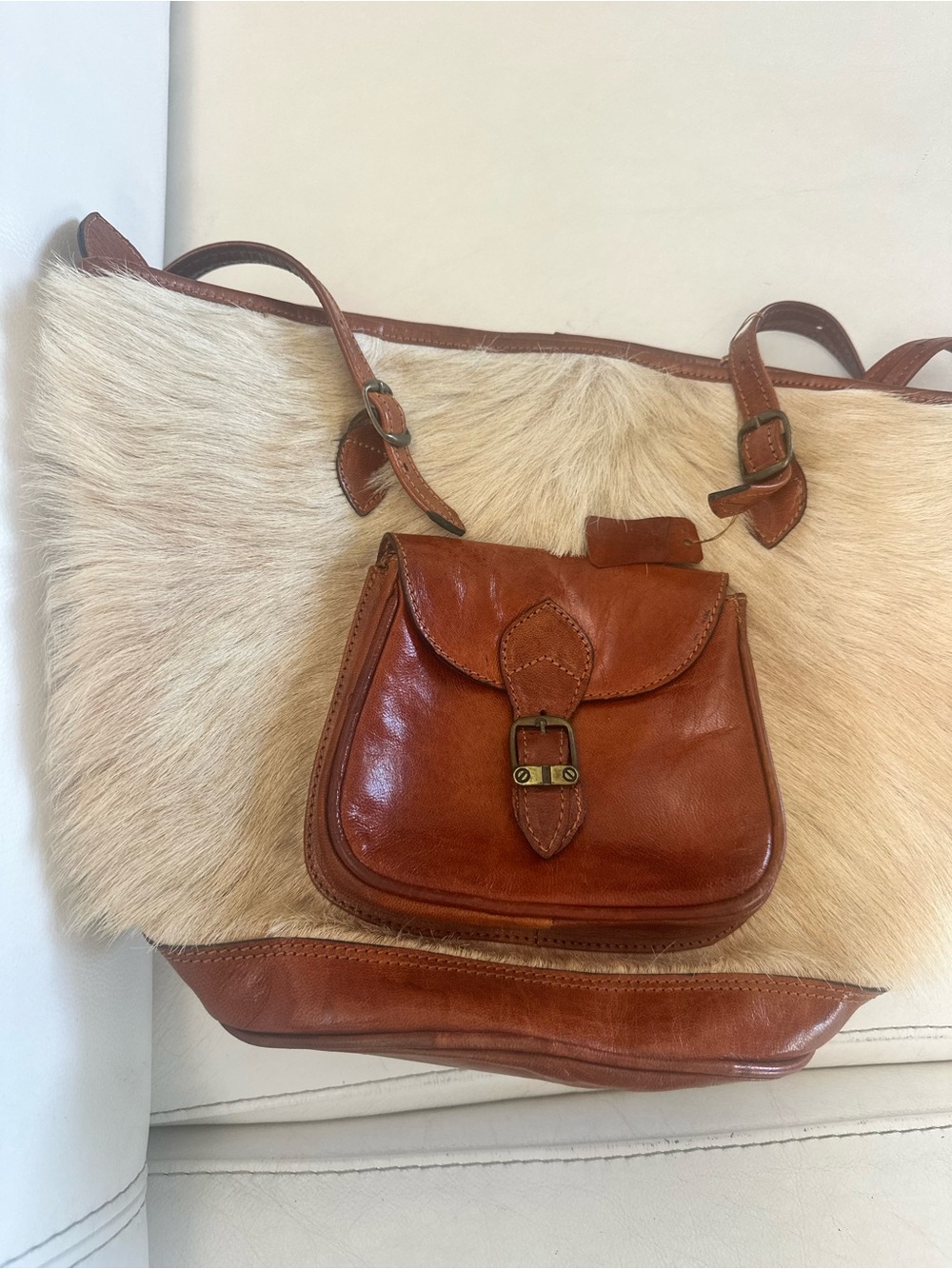 Vintage Western Cowhide & Leather Tote Bag with Front Saddle Pocket | Boho Hair-